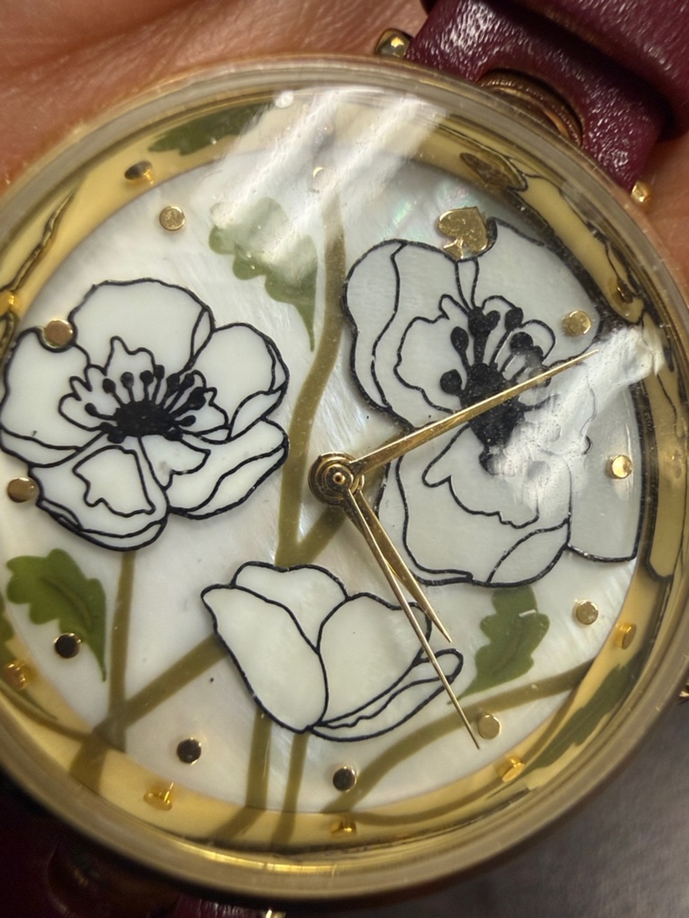 Floral Dial Gold-Tone Watch with Burgundy Strap - Picture 8 of 8
